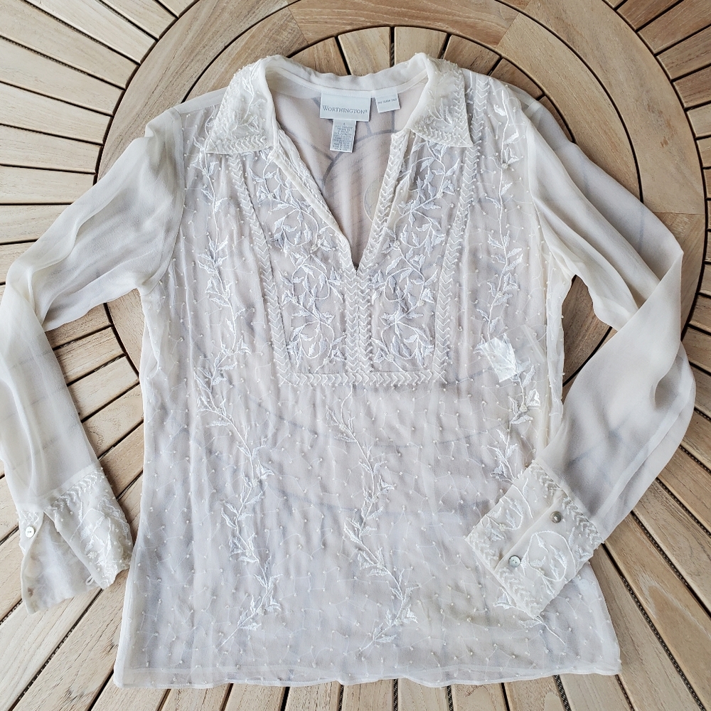 100% Silk sheer blouse, off white